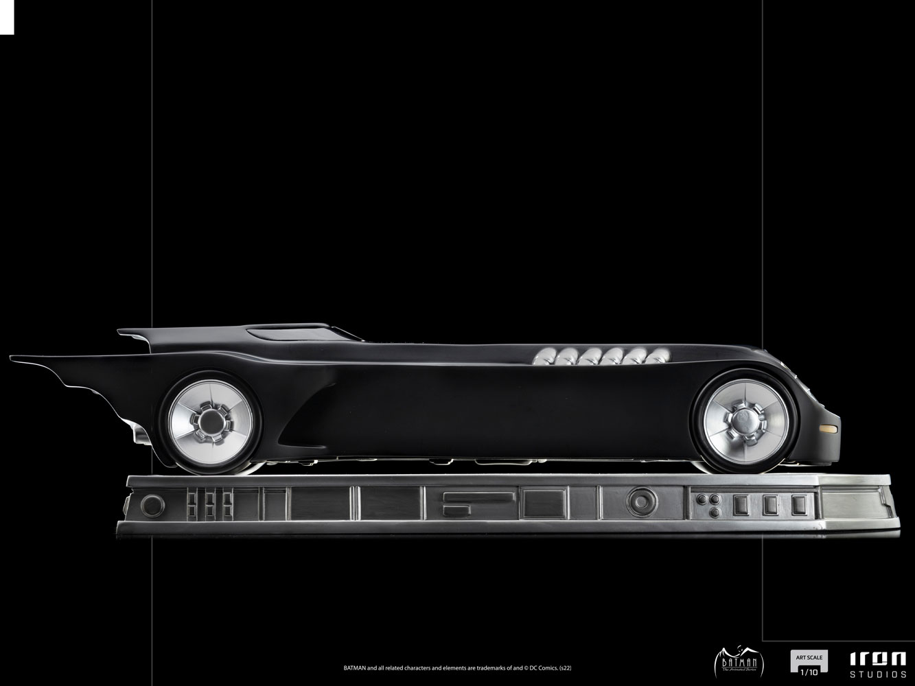 Crossing the streets of Gotham City, a high-speed black car with jet exhaust appears. With a design that brings retro elements in perfect harmony with modern and bold features endowed with high technology, Iron Studios proudly present the statue “Batmobile – Batman The Animated Series – Art Scale 1/10”, with the hooded crusader most iconic vehicle, from the acclaimed animated series developed by Bruce Timm and Paul Dini, celebrating the 30 years of success of the series that is considered by many the best Dark Knight’s adaptation for other media. Produced by Warner Bros. Animation between 1992 and 1995, Batman: The Animated Series is widely praised and commended by its noir aesthetics and thematic complexity, its success led it to win four Emmy awards, including Outstanding Animated Series. Designed and built by Earl Cooper, a Global Motors top car designer saved by Batman, as seen in the episode “The Mechanic”, the 48th episode of the series, the Batmobile was inspired by a vehicle Bruce Wayne saw on Gotham\’s World\’s Fair when he was young, fact that was presented in the feature film derived from the series, Batman: Mask of the Phantasm from 1993. This Batmobile look (the second produced by Iron Studios) also brings references to the version presented in Batman’s movie from 1989, that also got an Art Scale 1/10 statue made previously by Iron Studios.