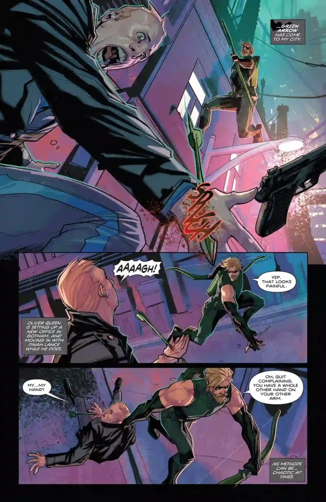 page from Detective Comics #1107 showing Green Arrow taking on a their.
