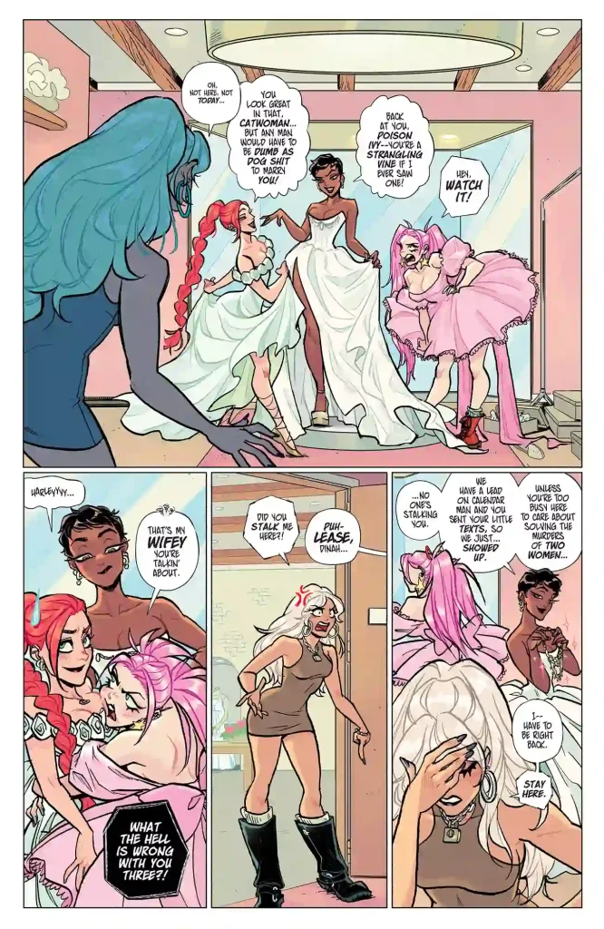 page from Sirens: Love Hurts #2 showing the Sirens trying on wedding dresses at Dinah's fitting appointment
