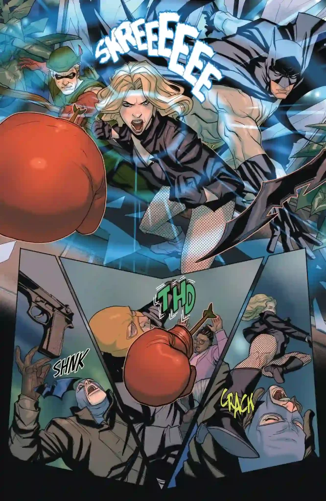 page from detective comics #1108 showing Batman, Black Canary, and Green Arrow spring into action