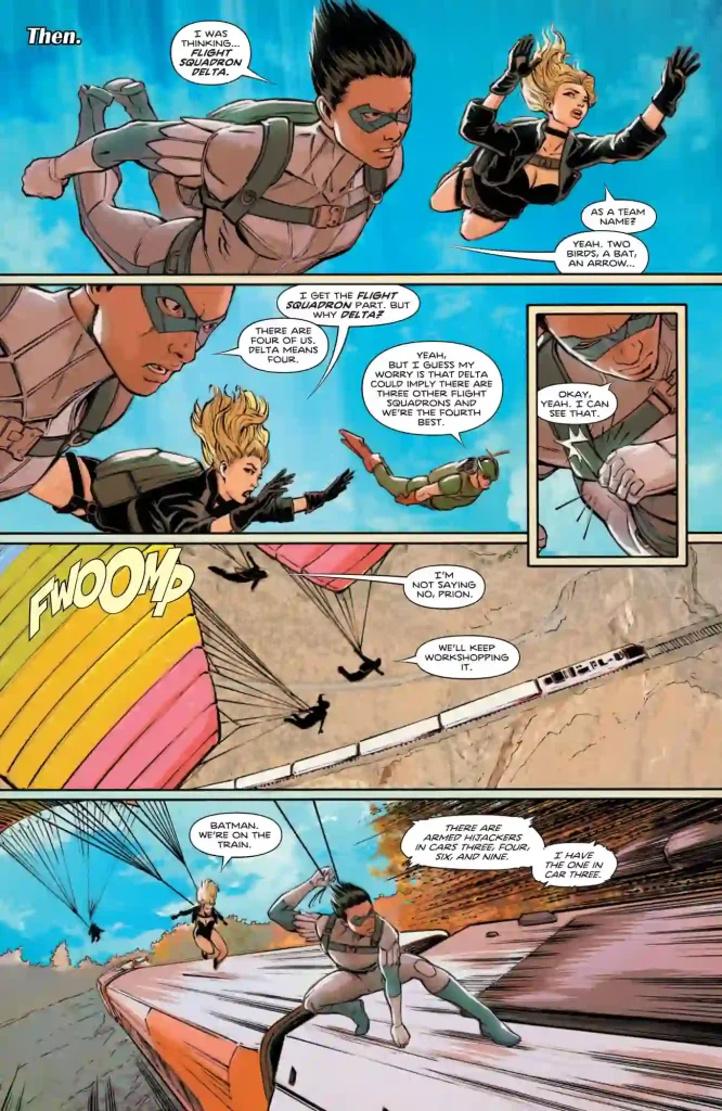 page from Detective Comics #1110 showing Green Arrow, Black Canary, and Prion skydive onto a moving train