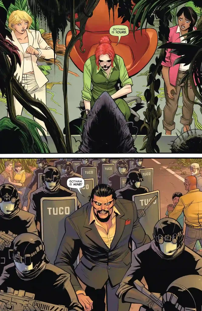page from Batman: Bad Seeds - Sunset #1 showing competing claims to Gotham City