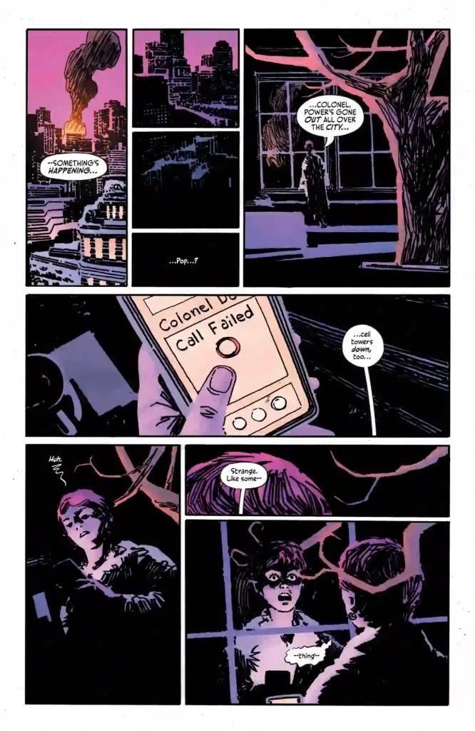 page from Batwoman #7 showing the power go out across Gotham