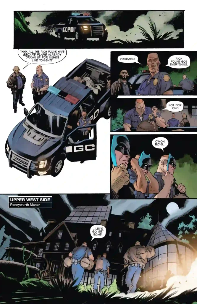 page from Batman #14 showing three cops about to break into Pennyworth Manor